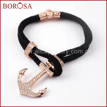 

BOROSA CZ Micro Pave Anchor Shape Black Rope Adustable Bracelets Bangles,Mix Color Fashion Handmade Women Bracelet WX631