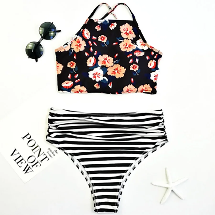 New Floral Print Vintage Bikinis Women Retro High Neck Swimwear Strappy ...