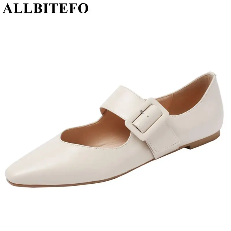 

ALLBITEFO genuine leather buckle strap flat heel shoes square toe women flats sneakers shoes fashion solid concise shoes flats