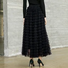 POKWAI Осень Новая мода гофрированная сетка Марля сшивание юбка черная плиссированная юбка многослойная юбка