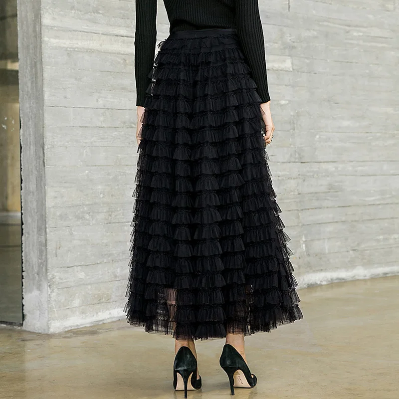 

POKWAI 2018 Autumn New Fashion Ruffled Mesh Gauze Stitching Skirt Black Pleated Skirt Cake Skirt