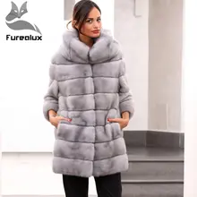 Furealux модная Высококачественная Женская норковая шуба с длинным мехом Удобная норковая шуба с капюшоном зимние кожаные куртки
