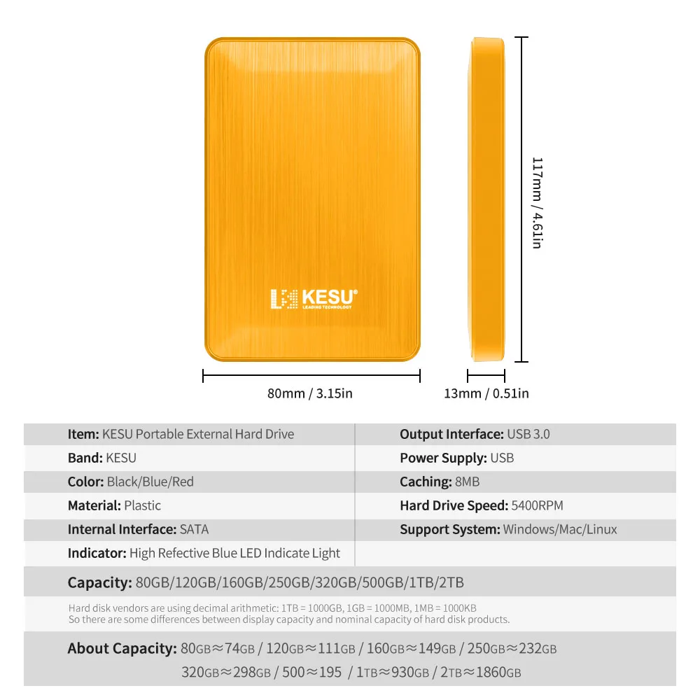 KESU 2.5'' External Hard Drive Disk USB3.0 HDD 1TB 2TB Portable HDD Storage for PC, Mac,Tablet, Xbox, PS4,TV,TV box 4 Color