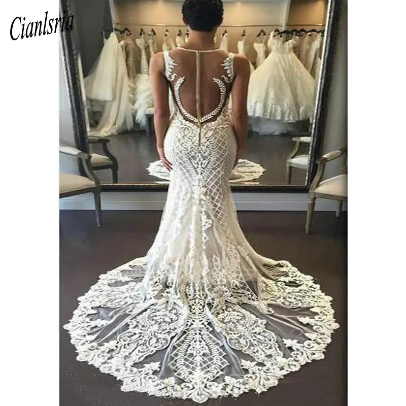 Vestido De Noiva сексуальное кружевное с открытой спиной фасона "Русалка" свадебное платье Винтаж o-образным вырезом Тюль Аппликации Свадебные платья Boho высокого качества
