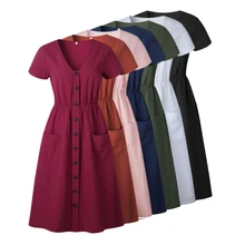 Летнее винтажное платье из хлопка, Женская туника с v-образным вырезом и коротким рукавом, однотонные розовые платья миди с карманами, повседневные женские платья vestidos