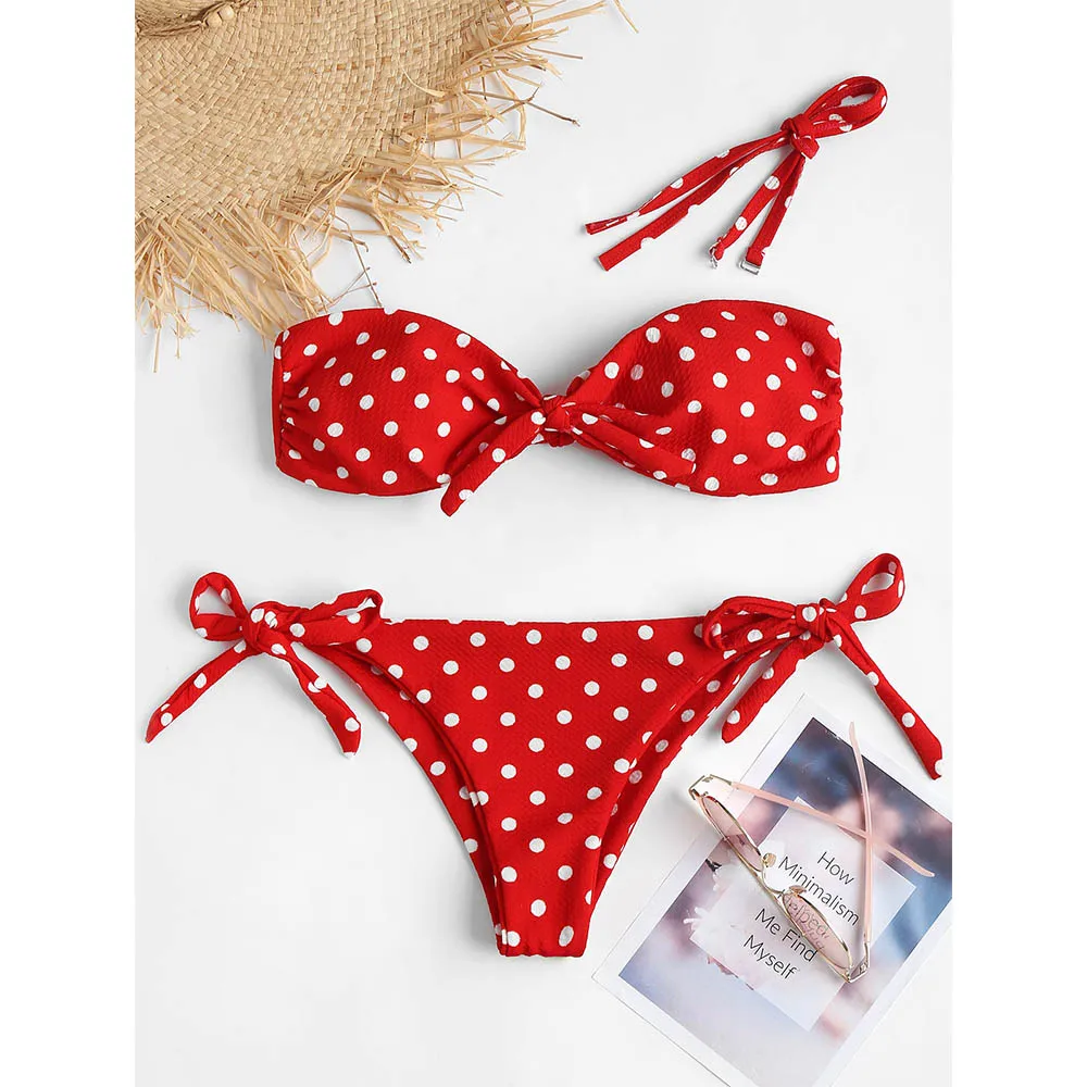

Polka Dot Tie Sides Bandeau Bikini Set Strapless Bikini Padded Bathing Suit Swimsuit For Women Swimwear 2018 Beach Biquini