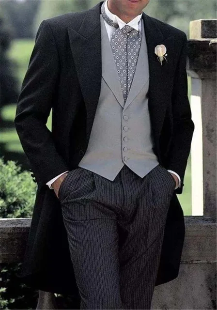 2020 Latest Black Jacket Stripe Pant Grey Mens Suits 3 Pieces Swallow Tail Coat Terno Msculino Wedding Groom(Jacket+Pant+Vest) | Мужская