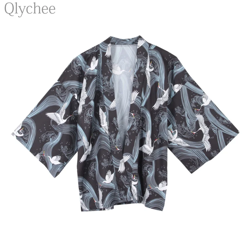 Qlychee Japanese Vintage font b Women b font Cardigan Crane Print Kimono Open Stitch Casual Loose