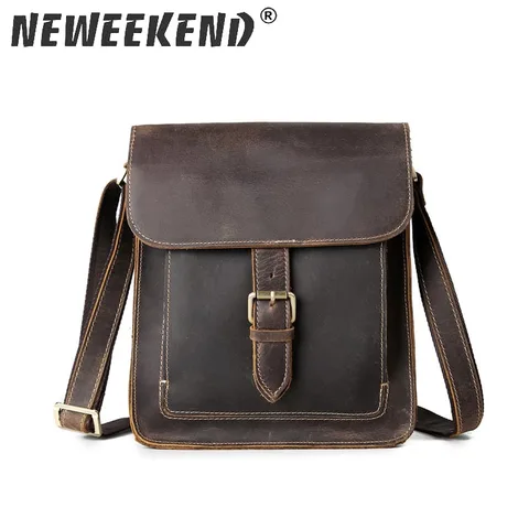 Bolsa para o Homem Neweekend Vintage Casual Couro Genuíno Cavalo Louco Praça Ferrolho Zíper Crossbody Mensageiro Ipad 5836