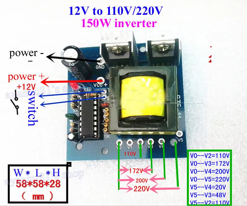 DC AC Converter Input 12V to Output 110V 200V 220V AC 150W Inverter