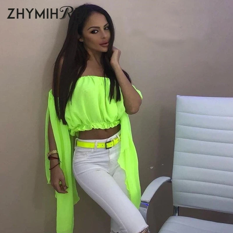 ZHYMIHRET неоновая блуза с вырезом лодочкой из шифона для женщин рукавом бабочкой