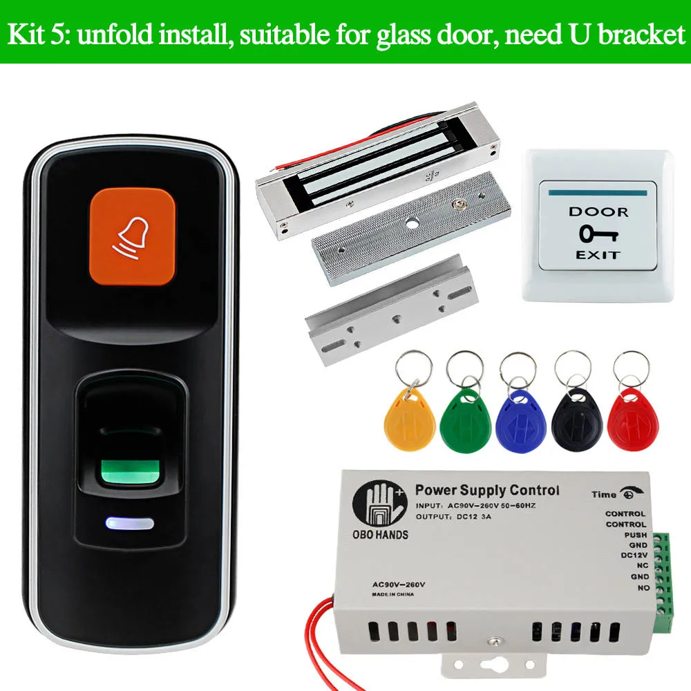 Kit5 OBO RFID система контроля допуска к двери комплект 125 кГц отпечатков пальцев Биометрические+ электрические магнитные электронные замки+ DC12V источник питания - Цвет: Kit5