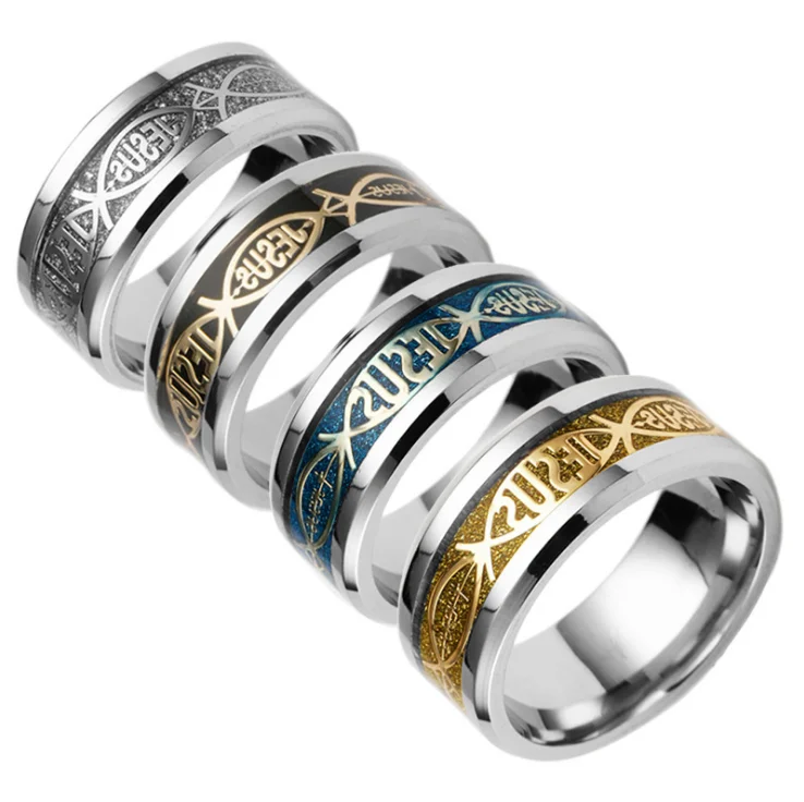 

FairLadyHood Size 6-13 Inlay Jesus Letter 5 Choice 316L Stainless Steel Ring For Religious Christian Men Women Gift Jewelry