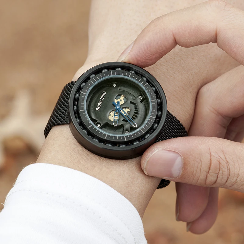 BOBO BIRD Q21 Mens Quartz Watch 360 Degree Rotation Bearing Design Stainless Steel Wristwatch Skull Dial relogio homens