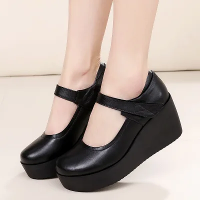 GKTINOO/ г., весенние женские туфли-лодочки из натуральной кожи женские туфли на высоком каблуке на платформе с круглым носком и ремешком на щиколотке - Цвет: Черный