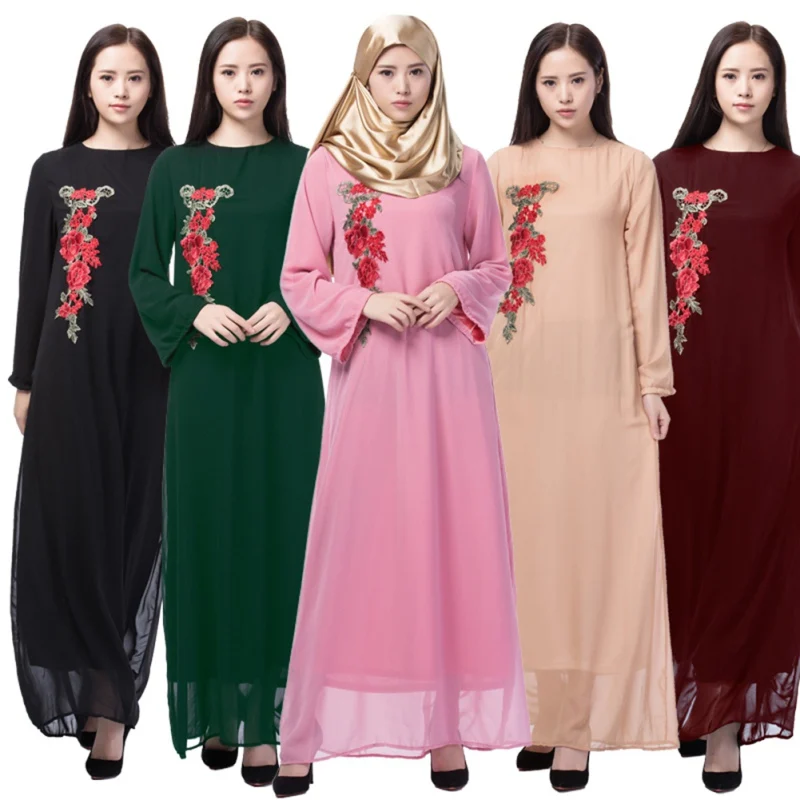 Кафтан Абаи джилбаба Исламская Мусульманский коктейльное Для женщин с длинным рукавом халат шифон платье с вышивкой одноцветное Цвет
