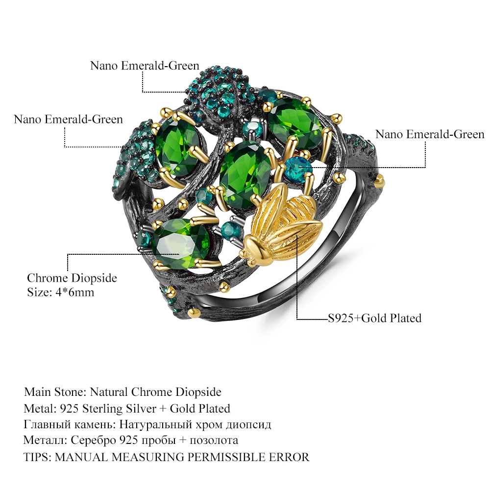 Ювелирные балетные 925 пробы, серебряные ювелирные изделия ручной работы, натуральный хром, диопсид, Драгоценное кольцо, Золотая Пчела на ветке, кольца для женщин