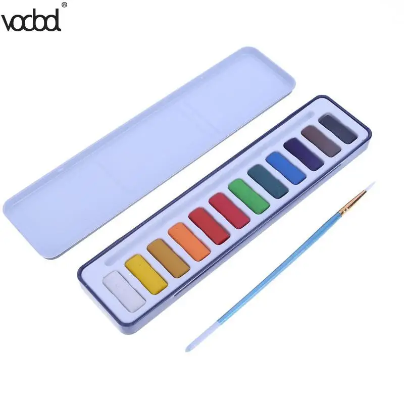 

12Color/Box Solid Watercolor Pigment Set with Paint Brush Metal Box Painting Drawing Tool School Stationery Art Supplies HOT