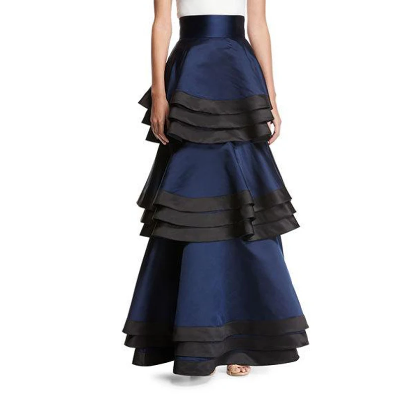 Special Designed Tiered Long Mermaid Skirts 2018 Royal Blue With Black Ruffles Skirt Women High End Femal Saias Custom Made