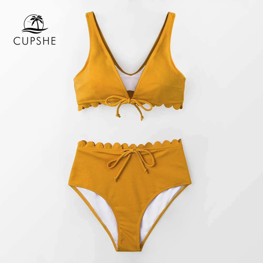 Kaufen CUPSHE Sexy Yellow Tie Front Scalloped Bikini Sets Frauen Hohe Taille Solide Zwei Stück Badeanzüge 2020 Mädchen Strand Bade anzüge