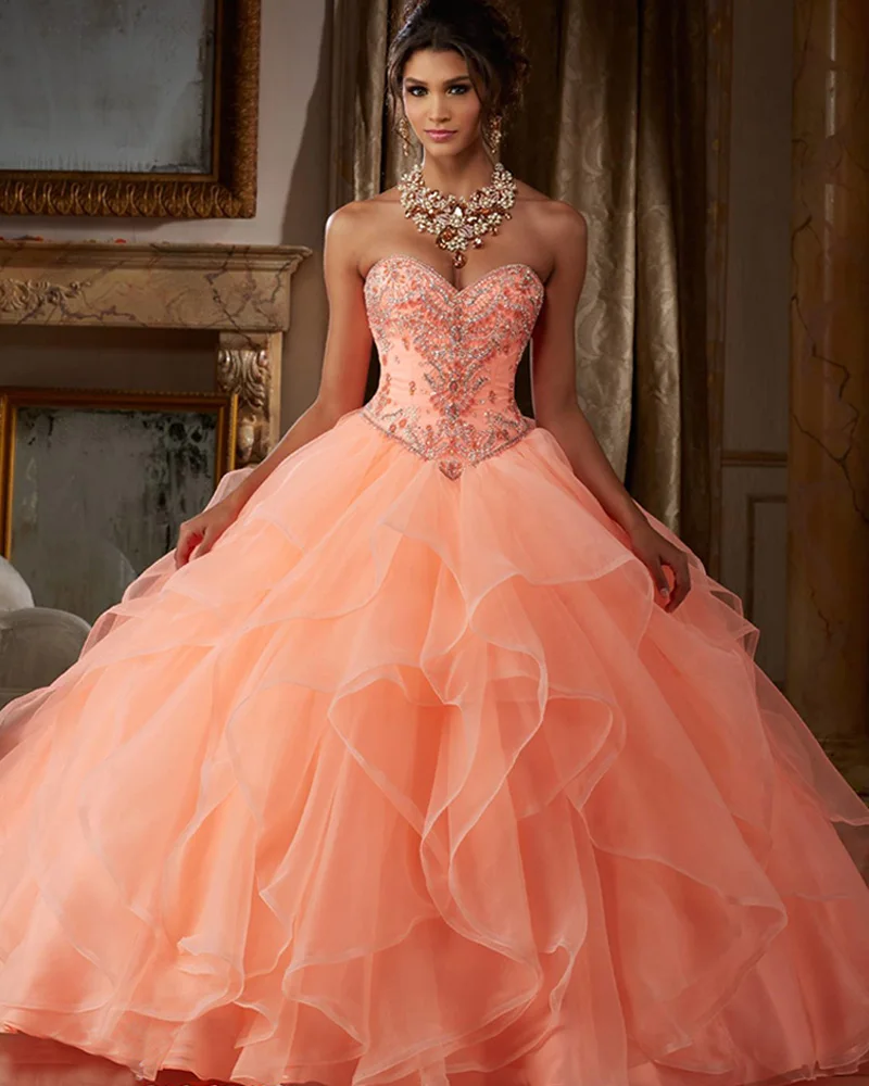 Joky Quaon Sweetheart Lace Up Tulle Shawl Beaded Crystal Coral Turquoise Ball Gown Quinceanera Dresses Girl 2017 Vestidos De 15