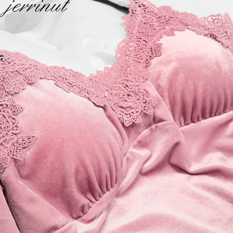 Jerrinut 4PCS Gold Velvet Pyjamas Set Women Nightdress Sleepwear Sexy Lace Pajamas Sleepwear Long Sleeve Nightgown Home Suit