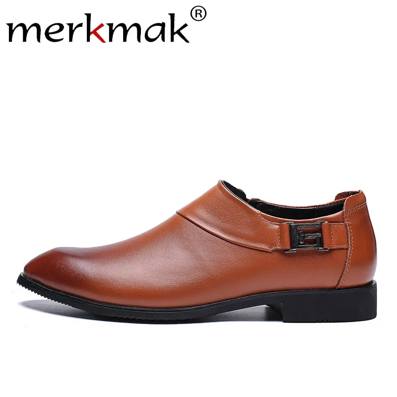 

Merkmak Summer Solid Men Shoes Leather Male Oxfords Pointed Soft Slip On Business Casual Dress Shoes Man Flats Big Size 38-48