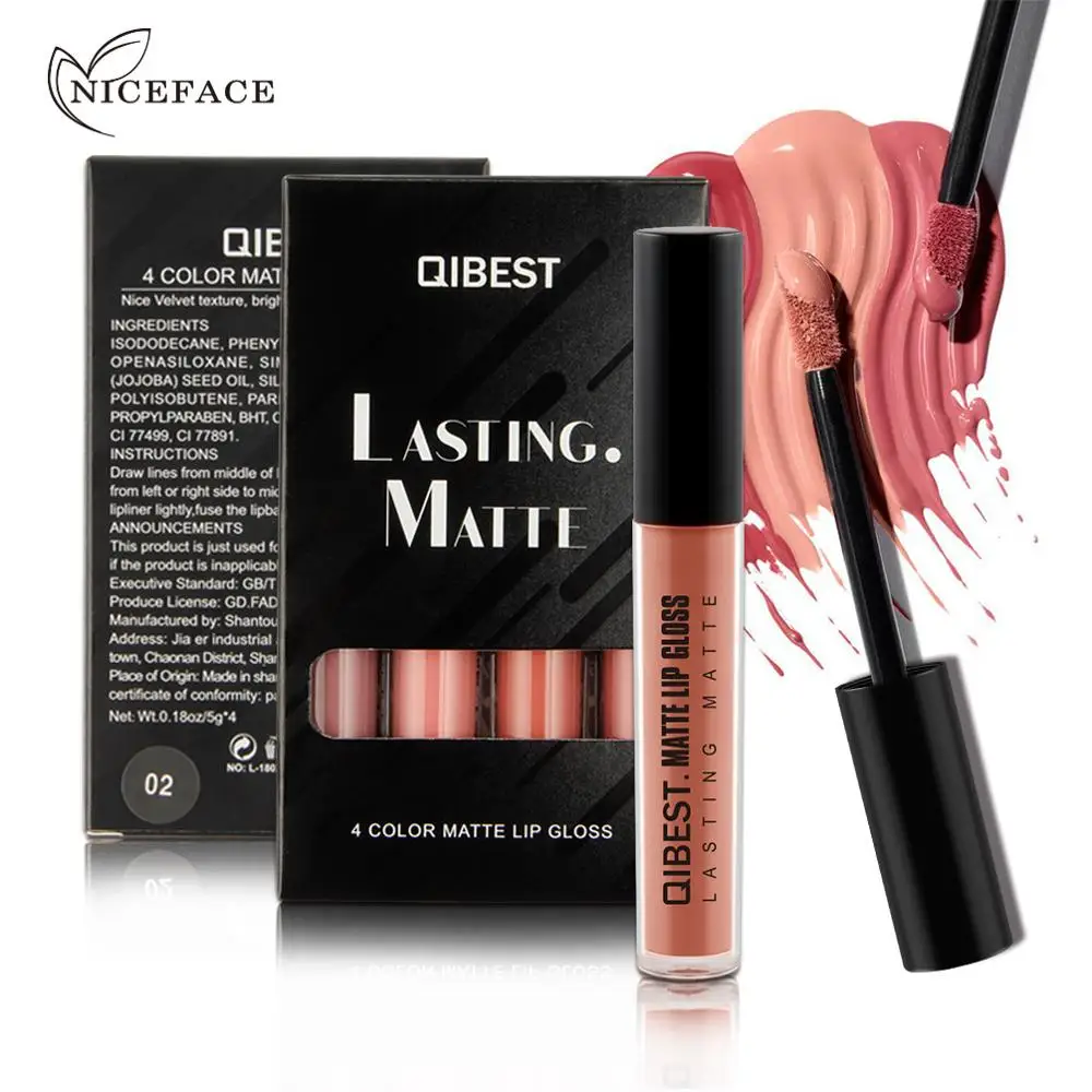 Qibest 4PCS Liquid Lipstick Set Long-Lasting Matte Lip Stick Make Up Waterproof Velvet Batom Nude Sexy Lip Gloss Cosmetics Kit