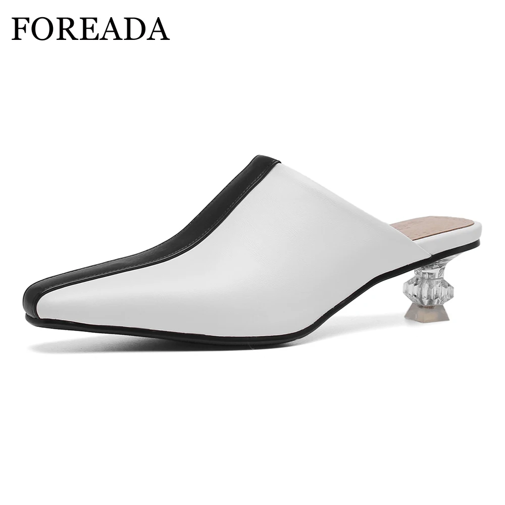 

FOREADA Spring High Heels Women Mules Shoes Transparent Strange Style Heels Shoes Casual Square Toe Female Pumps Plus Size 34-46