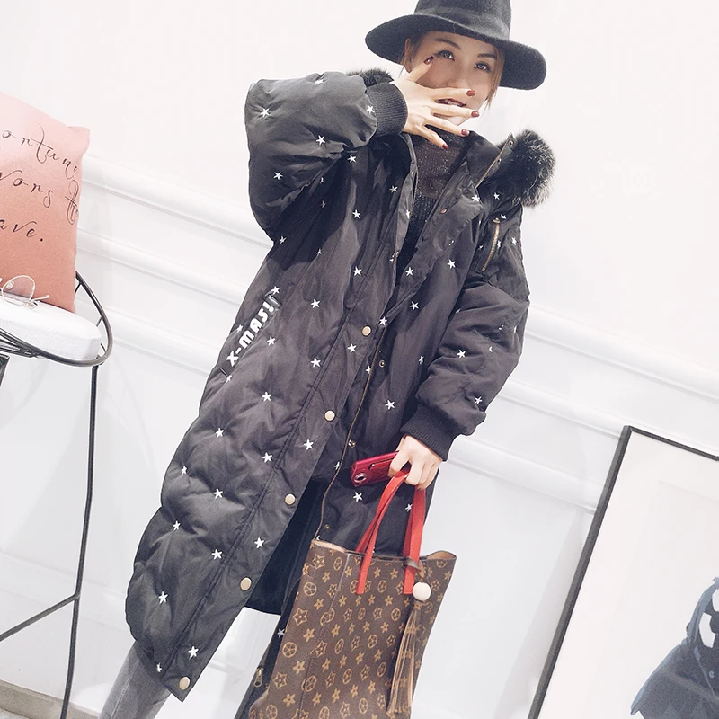 Embroidery stars natural raccoon dog fur collar hooded white duck down jackets women down coats outerwear 2018 autumn winter