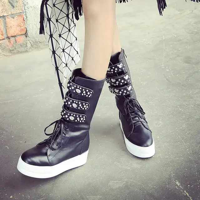 2017 dicken Boden Strass marke Stiefel Frauen Mittlere Waden Weiße Booties Punk Plateauschuhe