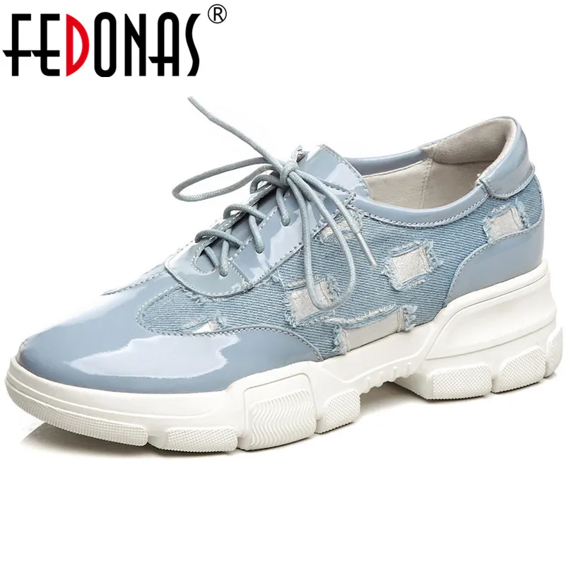 

FEDONAS Fashion Women Denim Sneakers Genuine Leather Flats Heels Lace Up Casual Shoes Woman Ladies Round Toe Sneakers Shoes