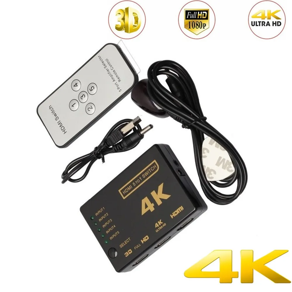 

5 In 1 Mini HDMI Switcher 4KX2K HD1080P HDMI Switch Selector Splitter With Hub IR Remote Controller For HDTV DVD TV BOX