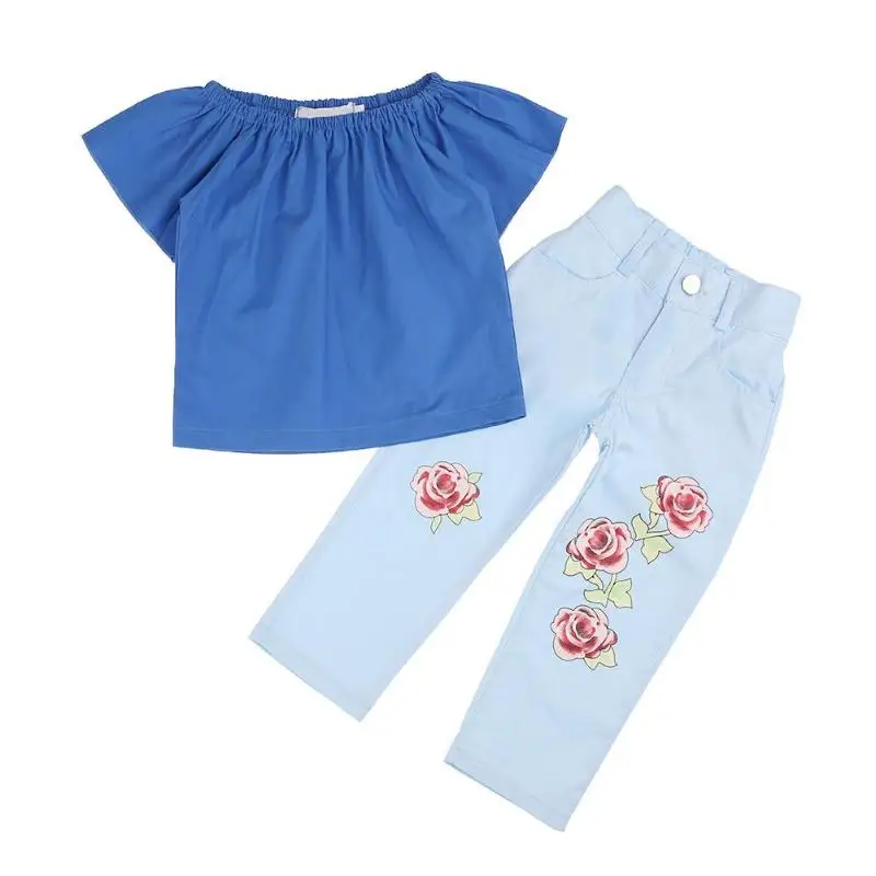 

2pcs Summer Girls Clothes Set Off Shoulder Solid Tops Floral Pants Outfits