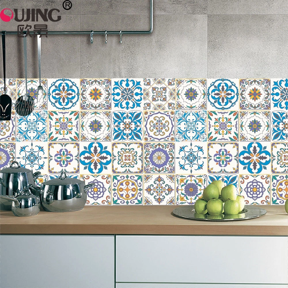 

Mediterranean Style Retro Tiles Wall Sticker Kitchen Bathroom Tile Waist Line Wallpaper PVC Waterproof Removable DIY Art Mural
