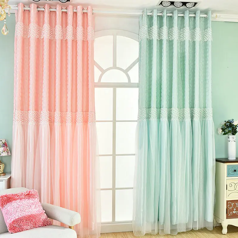 

Luxury Curtains for Children Kid Bedroom Window Princess Style Drapes Lace with White Transparent Tulle Patchwork Floral Printed