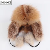 On Sale 100% Real Fox Fur Women's Russian Ushanka Aviator Trapper Snow Skiing Hats Caps Earflap Winter Ladies Fox Fur Bomber Hat 1