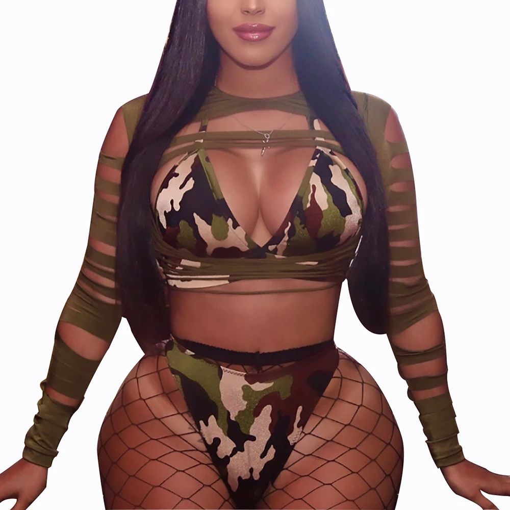 3 Pcs Camouflage Swimsuit Thong Bikini Sexy Bra Hollow Long Sleeve Swimwear Camping Biquini Swim Clothing Plus Size Femme 2019 3 Pcs Camouflage Swimsuit Thong Bikini Sexy Bra Hollow Long Sleeve Swimwear Camping Biquini Swim Clothing Plus Size Femme 2019