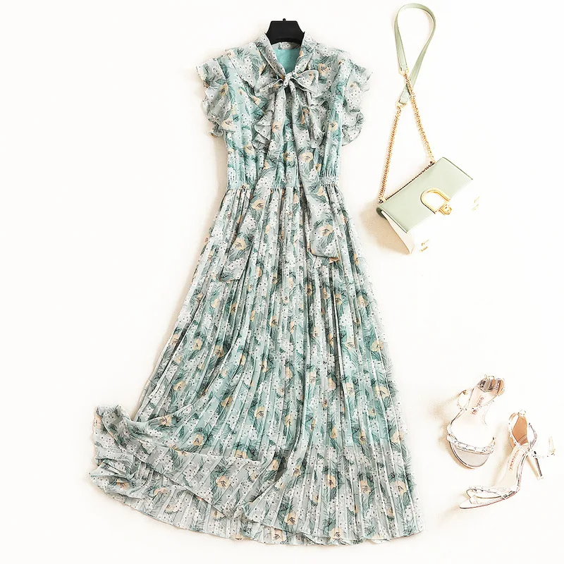 

Women Ruffles Chiffon Printed Floral Plus Size Summer Maxi 2019 Fashion Tie Collar Short Sleeve Pleated Long Dress