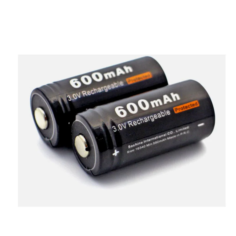 2 шт Soshine 16340 RCR123 LiFePO4 батарея 3V 600mAh перезаряжаемые защищенные батареи с батарейным блоком