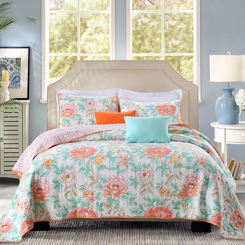 CHAUSUB Washed Cotton Quilt Set 3Pcs Floral Printed ...