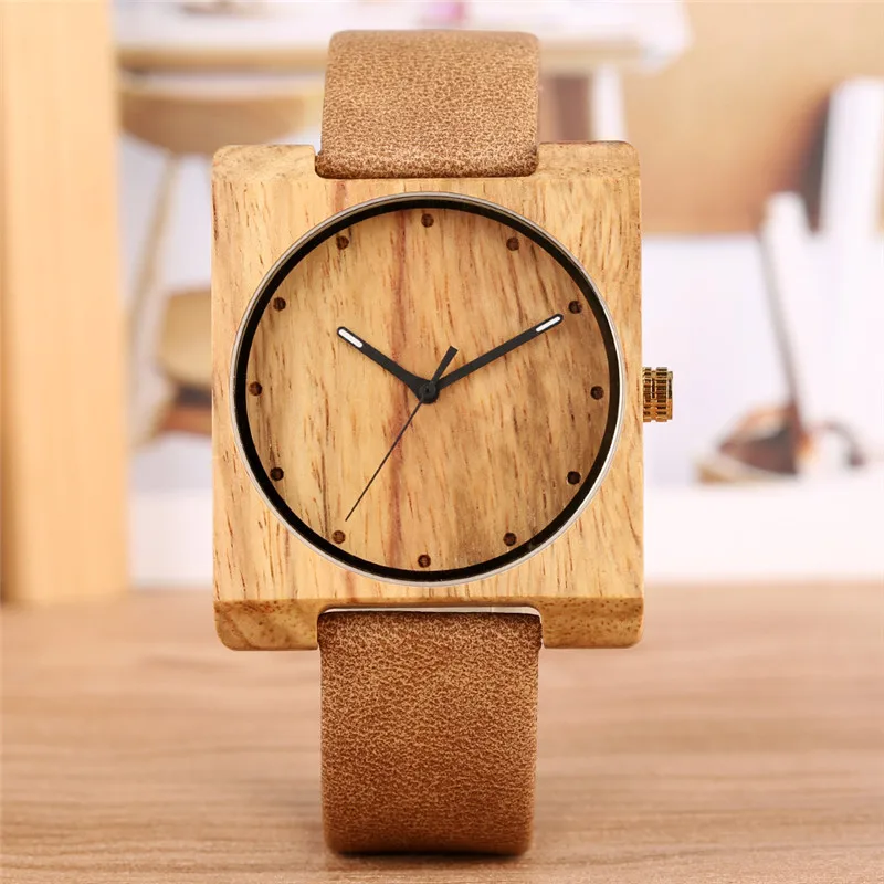 Wooden Watches Mens Leather Band Wooden Men Watches  Wooden Men Wristwatch Quartz Sport Wooden Mens Wristwatch Square Dial