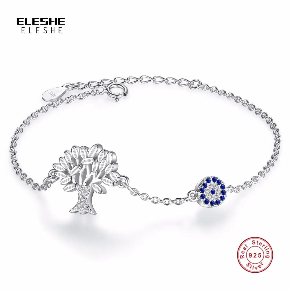 ELESHE Vintage Designer 925 Fashion Trendy Sterling Silver Tree of Life & Blue CZ Bracelets Link Chain Jewelry For Women