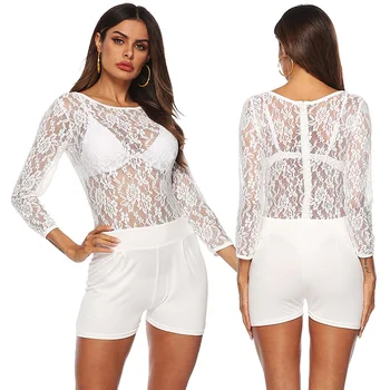 

HUAN BEAUTY Sexy Perspective Jumpsuit Lace Floral Jumpsuit Club Party Clubwear Bodycon Playsuit Trousers Female HB-OA673