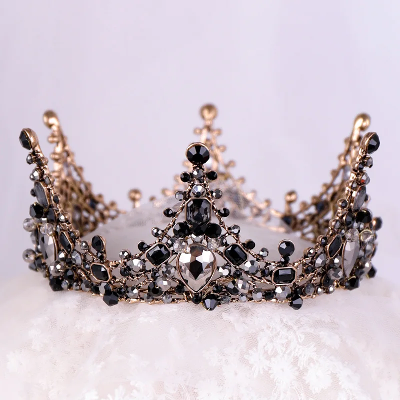 

FORSEVEN Baroque Wedding Bridal Black Full Round Circle Tiara Crown Crystal Rhinestone Birthday Diadem Hair Jewelry