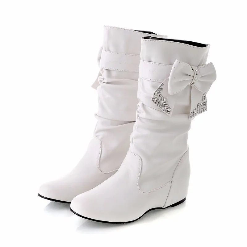 Г. модная зимняя женская обувь в трех стилях Большие размеры 30-47, пикантные ботинки до середины икры на высоком каблуке с украшением в виде банта