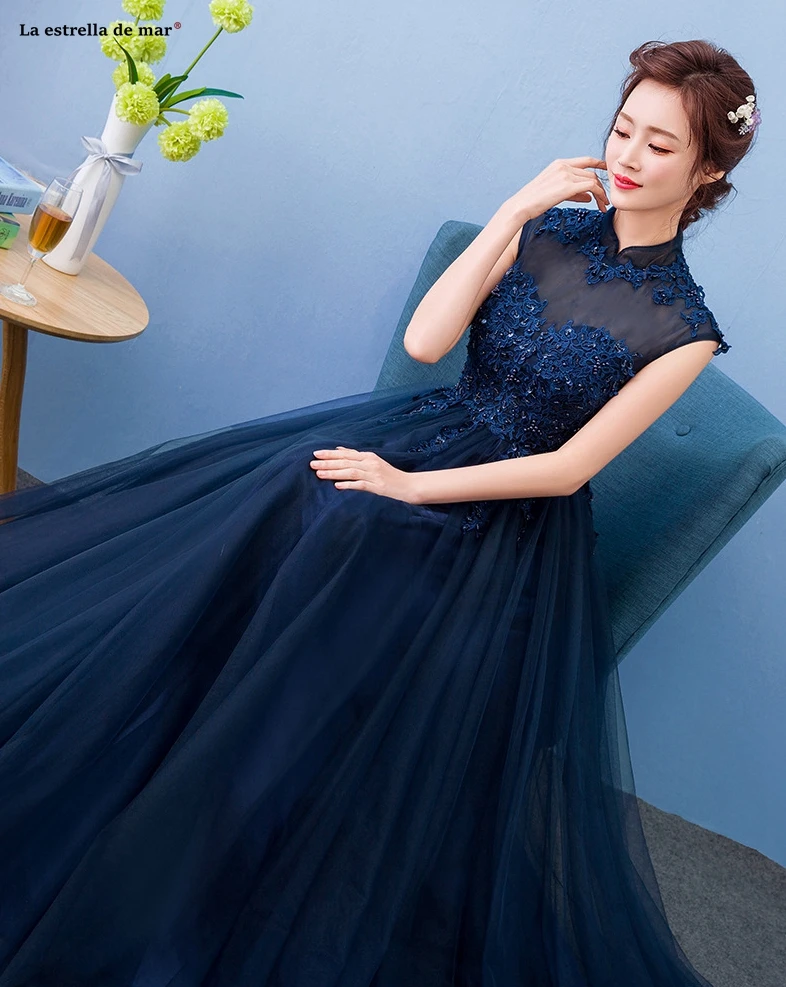 Vestido de madrinha2019 Новое Тюлевое Расшитое Бисером, с высоким воротником, с коротким рукавом, ТРАПЕЦИЕВИДНОЕ голубое платье для подружки невесты