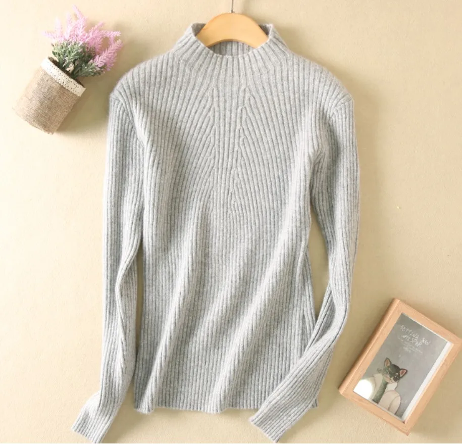 

2017 New style Women's Knitted Cashmere Sweater Half high collar Slim style Solid color Pullover Free Shipping