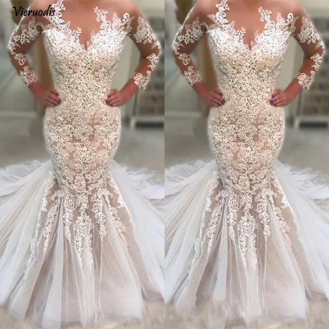 109-1 Appliqued Lace Tulle Wedding Dresses Long Sleeve Sweep Train vestidos de novia 2019 Mermaid Wedding Gown