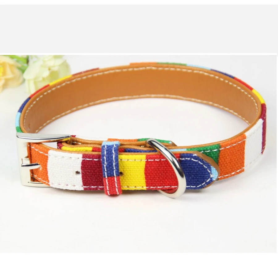 

Adjustable Pet Dog Collar Rainbow Cloth Material Leash PU Leather Plain Strap Collar For Small Dogs Size S M L